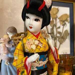 Elegant Geisha Doll in Vibrant Yellow Kimono